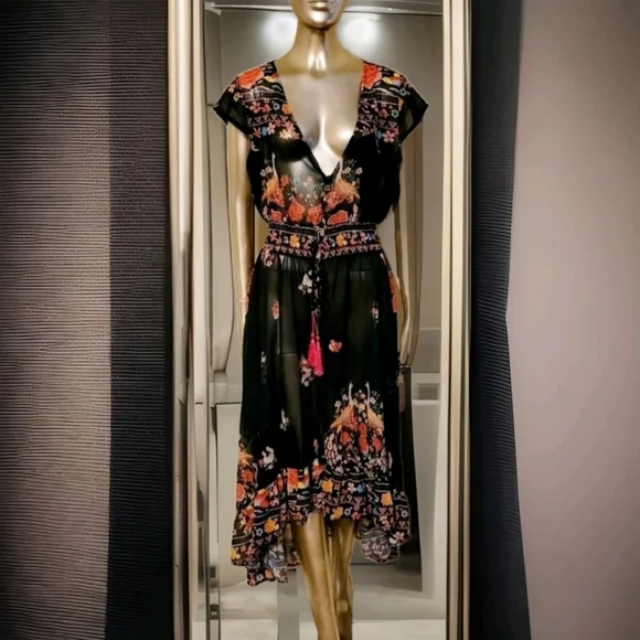 NWOT Floral Shirred Waist Tie Front Ruffle Hem Boho Sheer Dress Sz M - Picture 5 of 16